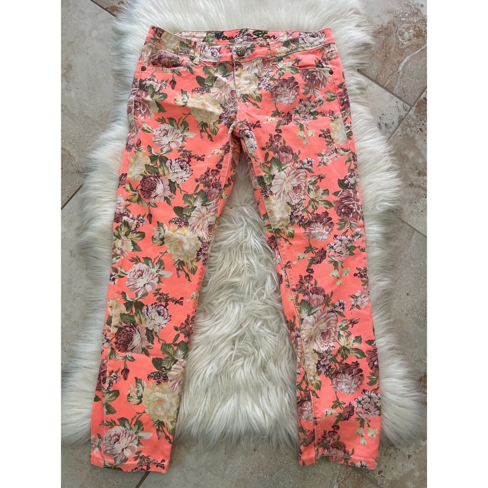 Vanilla Star Peach Floral Cropped Jeans Skinny Leg Size 11